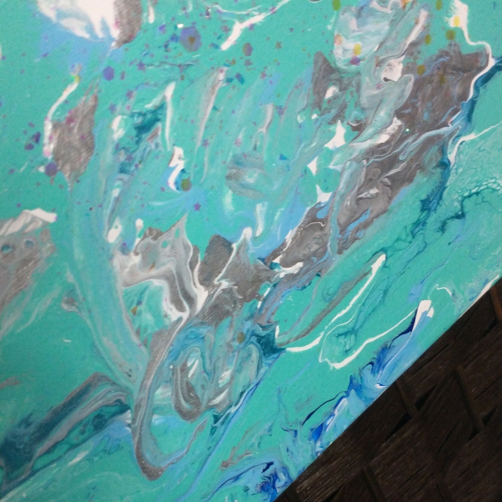 UNDERWATER FANTASY - Original Painting, 16x20 - Turquoise, Blues, Silver, White - Picture 12 of 16